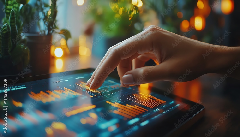 Poster closeup of a hand interacting with digital financial graphs on a tablet, visualizing realtime analyt