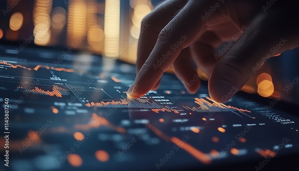 Poster closeup of a hand interacting with digital financial graphs on a tablet, visualizing realtime analyt