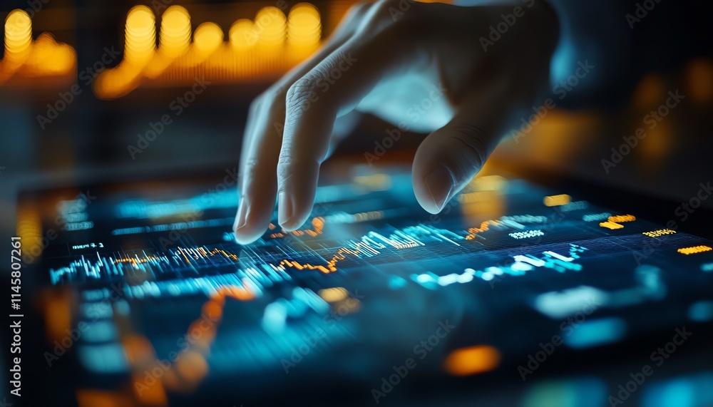 Poster closeup of a hand on a tablet screen with digital financial graphs, highlighting realtime data analy