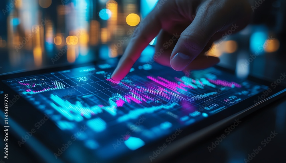Poster closeup of a hand on a tablet screen with digital financial graphs, highlighting realtime data analy