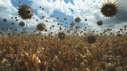 Wilted thistles in a vast field surrounded by swirling seeds under a dramatic sky showcasing nature's cycle of life and decay