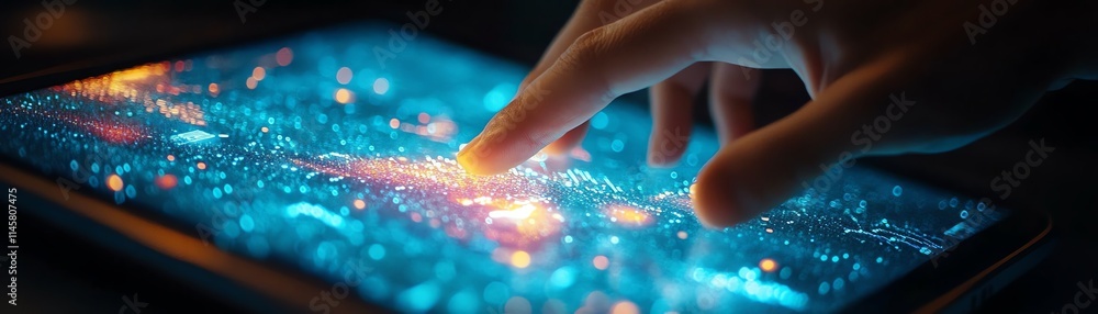 Poster closeup of a hand touching a tablet screen displaying digital financial graphs, realtime data analyt