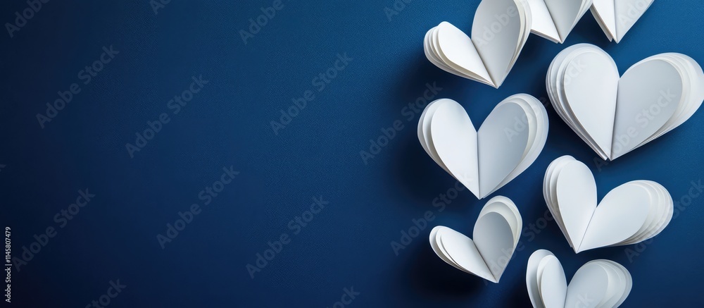 Poster linked white paper hearts on a deep blue background symbolizing love and connection in a creative an