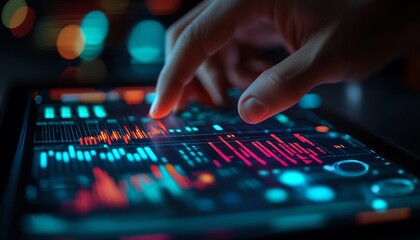 Naklejka premium Closeup of a hand swiping on a tablet showing digital financial charts, realtime data analytics, illustrating modern business technology and investment trends