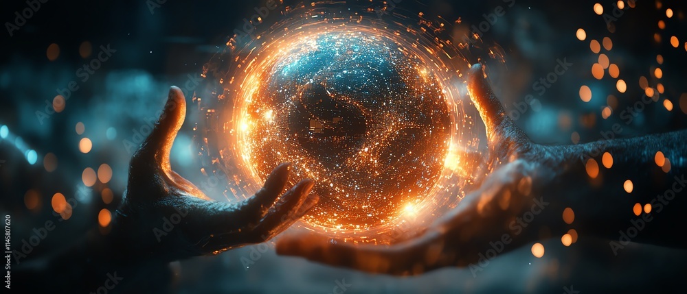 Poster closeup of a holographic globe surrounded by glowing data points, hands symbolizing global unity, in