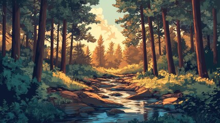 Obraz premium Serene pine forest landscape with a gently flowing stream surrounded by lush greenery and soft sunlight streaming through the trees