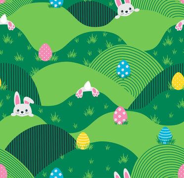 Green landscape with easter eggs and bunny seamless pattern. Vector illustration.