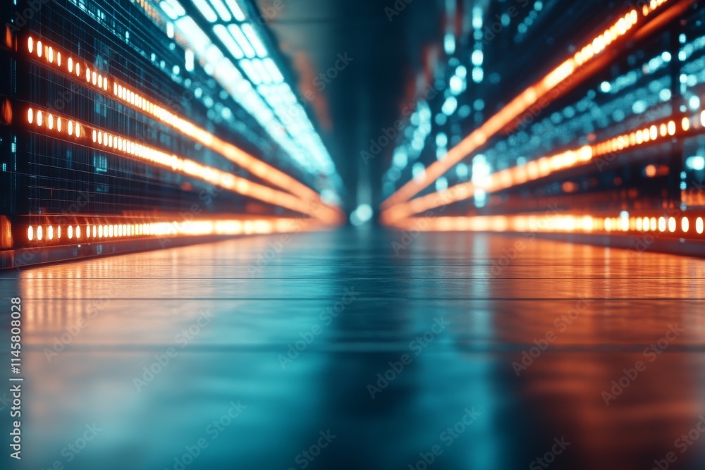 Poster high-tech corridor illuminated by vibrant lights in a futuristic data center