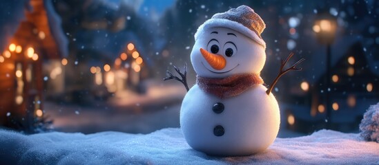 Obraz premium Charming smiling snowman in a winter wonderland setting with lights and snowflakes creating a festive holiday atmosphere