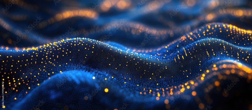 Poster abstract blue bokeh waves with glowing particles creating a dreamy atmospheric background for artist