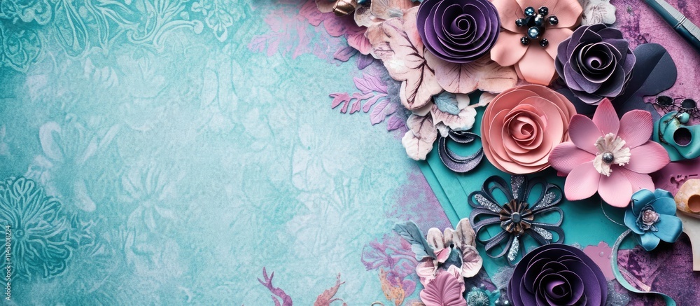 Poster scrapbook backdrop with decorative flowers and tools on a textured turquoise surface ideal for craft