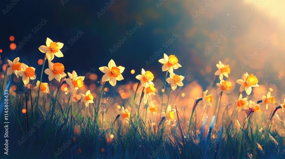 Poster vibrant summer scene featuring a field of daffodils illuminated by soft sunlight creating a warm and