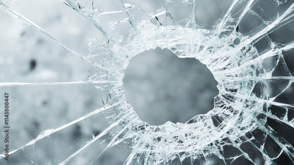 Poster broken glass with cracks and hole from impact or bullet. vector realistic set of rectangle clear acr