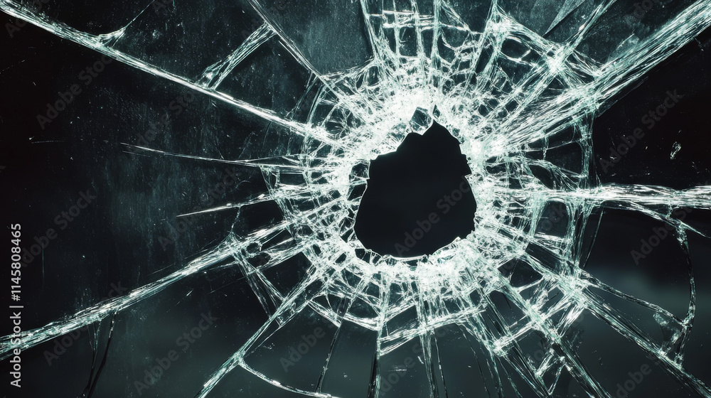 Poster broken glass with cracks and hole from impact or bullet. vector realistic set of rectangle clear acr