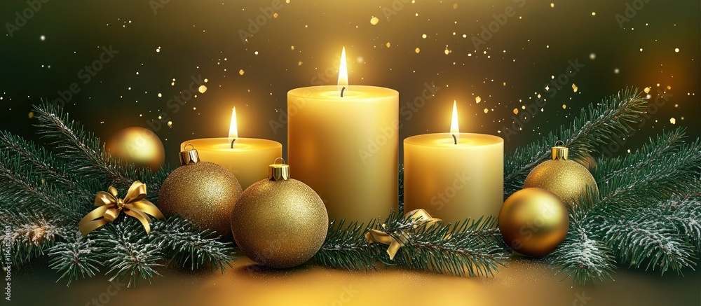 Poster warm glowing candles and festive golden ornaments create a serene christmas backdrop with evergreen 