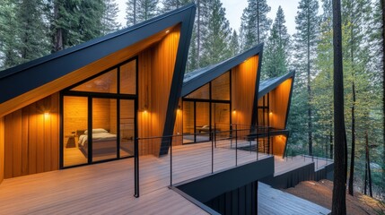 Modern Cabin Retreat Surrounded by Lush Forest in the Mountains Featuring Glass Walls and Unique Architectural Design at Sunrise