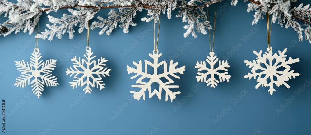 Aufkleber snowflake ornaments hanging on frosted branches against a soft blue backdrop creating a festive wint