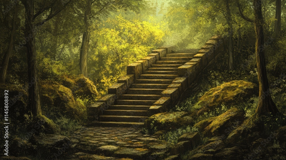 Poster enchanting stone staircase nestled in lush forest with sunlight filtering through trees inviting exp