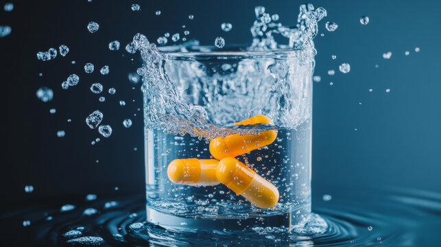 Soluble pills with fizz air bubbles trail in water. Effervescent falling aspirin tablets, vitamin C, headache pharmaceutical remedy drugs isolated on black background. Realistic 3d vector illustration