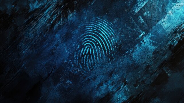 Abstract fingerprint trace on a textured dark blue background symbolizing forensic investigation and crime scene analysis