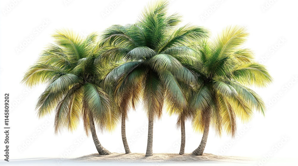 Poster group of tropical palm trees with lush green foliage isolated on a white background creating a seren