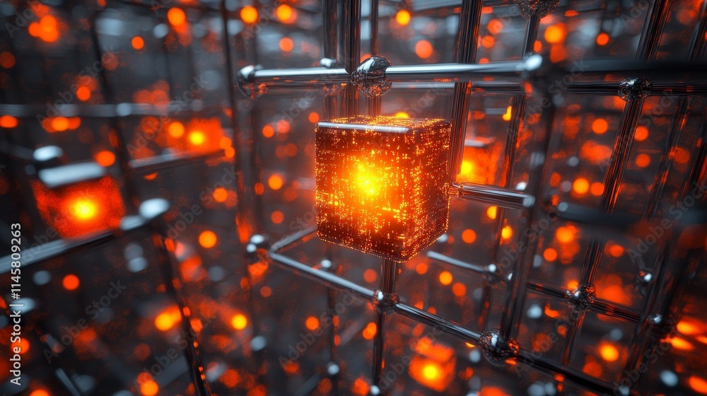 Poster a glowing orange cube sits within a complex metallic grid structure. the backdrop is filled with blu