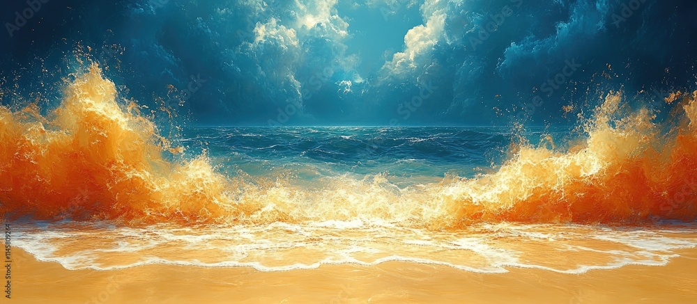 Poster dynamic ocean waves crashing on a golden sand beach under an azure sky with dramatic clouds creating