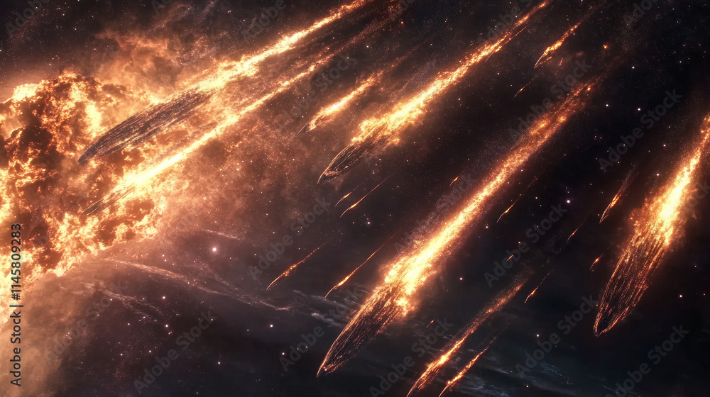 Poster comet and meteoroid fall speed trail galaxy vector set. 3d meteor shower with flame in sky effect wi