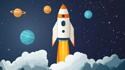 Rocket launching through space with planets and stars in the background