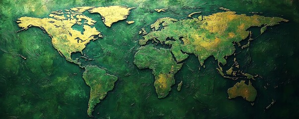 Detailed green world map with vibrant shades of green, showcasing continents and oceans, highly textured with intricate details and soft gradients