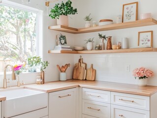 Bright Kitchen Corner Shelves Decorated With Plants And Dishes
