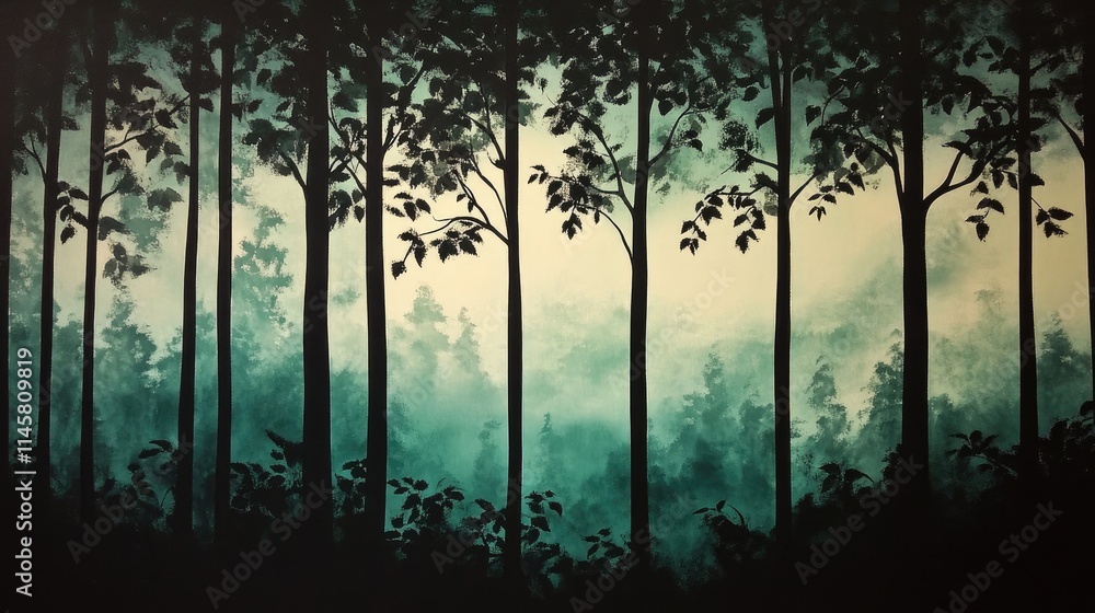 Aufkleber misty forest silhouette with tall trees creating a serene atmosphere under a soft, ethereal light in