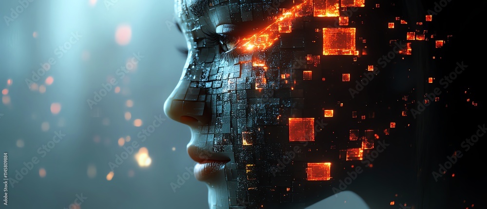 Poster digital face breaking apart into cubes, symbolizing ai and technology, with a futuristic design and 