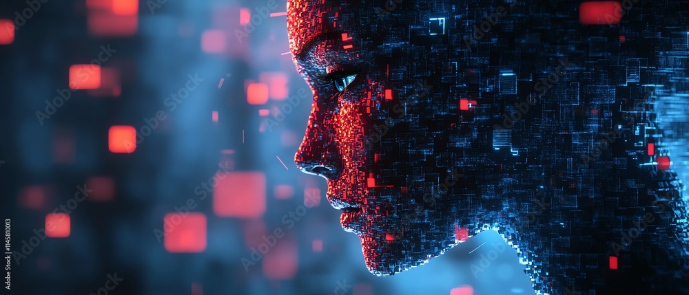 Poster digital face breaking apart into cubes, symbolizing ai and technology, with a futuristic design and 