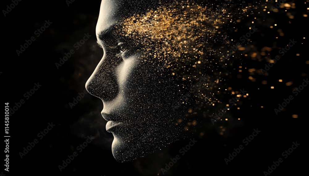 Poster digital human face disintegrating into cubes, symbolizing the impact of ai and technology, with illu