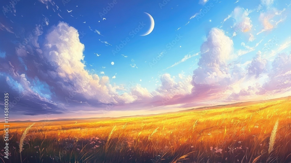 Poster serene sunset over a golden field with a crescent moon illuminating a colorful sky filled with cloud