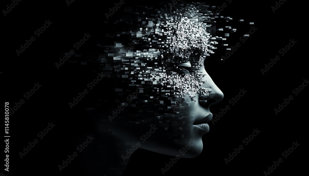Poster digital human face disintegrating into cubes, symbolizing the impact of ai and technology, with illu