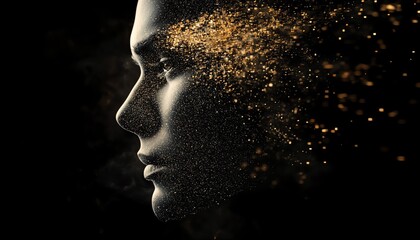 Digital human face disintegrating into cubes, symbolizing the impact of AI and technology, with illuminated details and hightech visuals