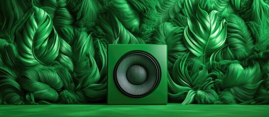 White loudspeaker on vibrant green leaf background showcasing audio equipment and visual aesthetics for modern design concepts