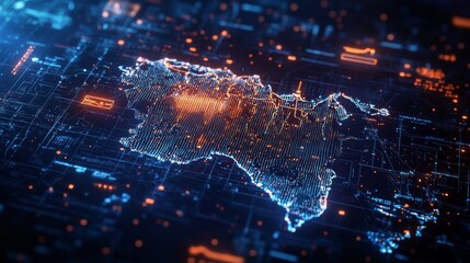 A digital map of Australia displayed against a modern digital background, showcasing vibrant colors and intricate details.