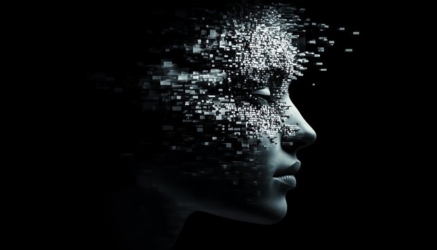 Digital human face disintegrating into cubes, symbolizing the impact of AI and technology, with illuminated details and hightech visuals