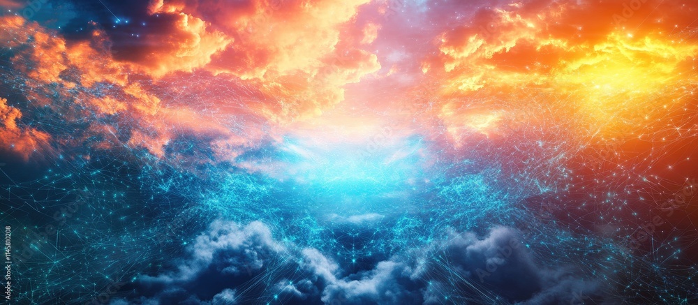 Poster aerial view of vibrant sky with clouds and digital network elements symbolizing communication techno