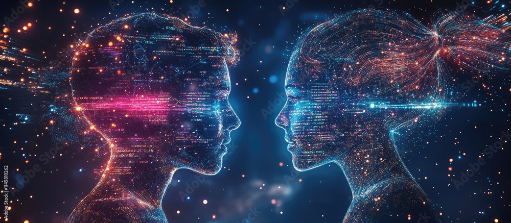 Poster double exposure of a man and woman collaborating with a digital data theme hologram illustrating tec