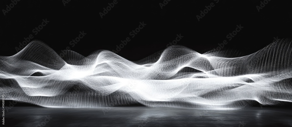 Poster dynamic black and white light abstraction featuring motion blur and vivid glowing patterns on a dark