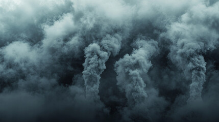 Obraz premium Black smoke with fire, dark fog clouds or steam trails. Industrial smog, factory or plant environmental air pollution isolated on transparent background, Realistic 3d vector illustration, icons set