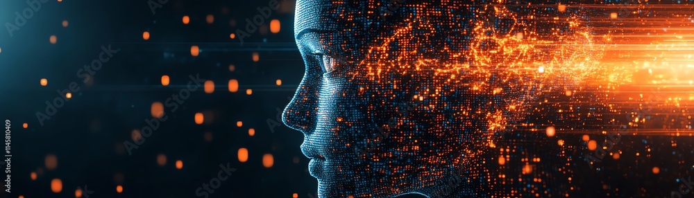 Poster fragmented digital face composed of cubes, symbolizing artificial intelligence and advanced technolo
