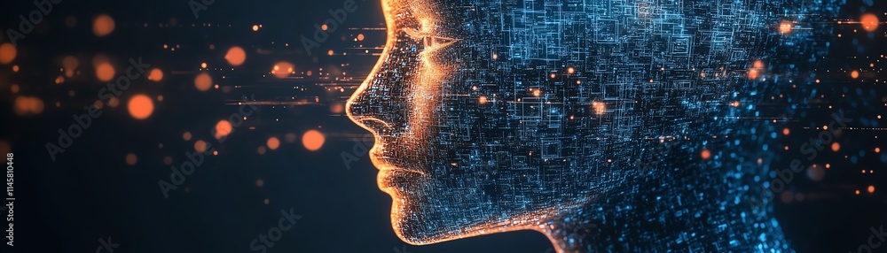 Poster fragmented digital face composed of cubes, symbolizing artificial intelligence and advanced technolo