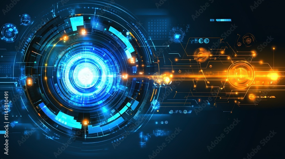 Poster abstract futuristic technology background with glowing circles and lines representing digital data p