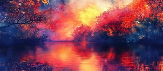 Obraz premium Vibrant autumn landscape reflecting colorful sky and water creating a serene and enchanting natural scene