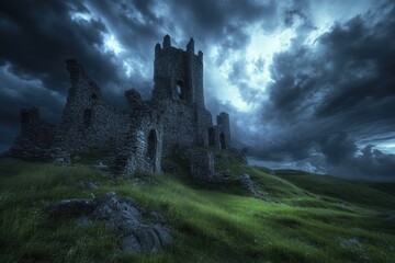 Fototapeta premium Dramatic Skyscape Over Ancient Castle Ruins: A Majestic Blend of History and Nature